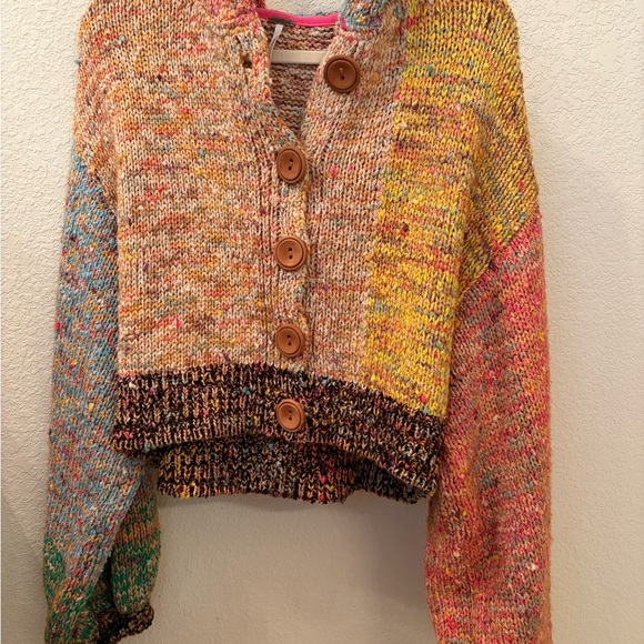 Free People Sweaters - Free People Multicolor Chunky Button Cardigan — Yellow, Pink, Blue, Green, Brown